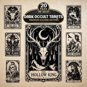 May include: A collection of black and white tarot card designs. The cards feature gothic illustrations of skulls, antlers, and figures, with titles like "The Hollow King" and "The Omen." The image includes the text "Dark Occult Tarots" and "Premium SVG/PNG Vectors."