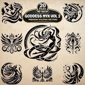 Paquete de imágenes SVG y PNG de la Diosa NYX Vol. 2, 20 siluetas de diosas celestiales en formato vectorial (descarga digital).