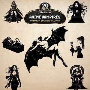 Könnte beinhalten: Eine Sammlung von schwarz-weißen Anime-Vampir-Illustrationen. Die Bilder zeigen weibliche Vampire in verschiedenen Posen, einige mit Fledermausflügeln, und den Text "ANIME VAMPIRES PREMIUM SVG/PNG VECTORS". Der Stil ist digitale Kunst.