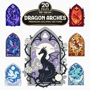 May include: A collection of 20 digital vector files titled Dragon Arches, featuring various arched window designs containing dragon illustrations in diverse color palettes, including purple, orange, blue, and white, with floral and moon motifs.