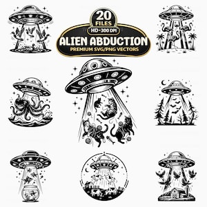 May include: Black and white vector illustrations of UFOs, each depicting an alien abduction scene. Subjects include ducks, flamingos, cats, an octopus, fish, cows, and a farm. The text "ALIEN ABDUCTION" is also present.