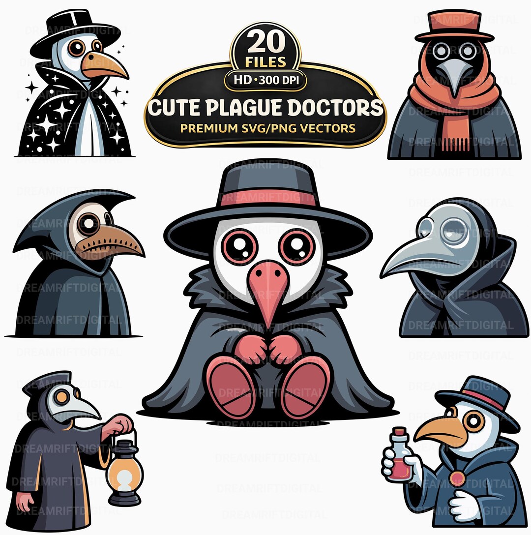 Cute Plague Doctor SVG PNG Bundle, 20 Kawaii Gothic Clipart, Cartoon ...