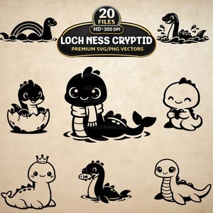 Op de afbeelding: Een verzameling zwart-wit illustraties van het Loch Ness Monster. De ontwerpen tonen het cryptide in verschillende poses, sommige met accessoires. De tekst luidt "LOCH NESS CRYPTID PREMIUM SVG/PNG VECTORS".