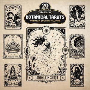 May include: A collection of seven black and white tarot card illustrations featuring botanical themes. The central card is titled Dandelion Spirit, surrounded by cards labeled Poppy Dreamer, The Blossom Crown, Moonflower Mystic, Mushroom Moon, Lotus Oracle, and Night Bloom Guardian.
