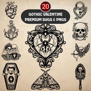 May include: A collection of black and white gothic Valentine's Day designs. The designs include a heart with thorns, a skeleton holding a rose, a heart-shaped lock and key, a skull with a rose, and a spider web heart.