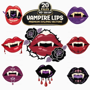 Vampire Lips SVG PNG Bundle, 20 Gothic Fang Clipart, Horror Vector Art (Digital Download)