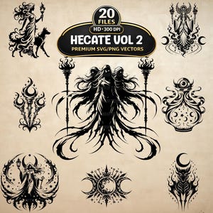 May include: Black and white vector illustrations of Hecate-themed designs. The collection includes images of a woman with a dog, a three-headed figure, and other mystical symbols. The text "HECATE VOL 2" is displayed on a black and gold banner.