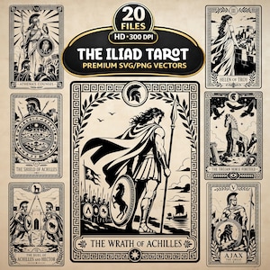 Pode incluir: Uma coleção de ilustrações digitais em preto e branco intitulada The Iliad Tarot, contendo 20 arquivos nos formatos SVG e PNG. Os designs retratam cenas da Ilíada, incluindo The Wrath of Achilles, Helen of Troy e The Shield of Achilles.