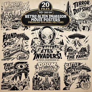 Puede incluir: Una colección de 20 pósteres de películas retro de invasión alienígena en blanco y negro con ilustraciones de platillos voladores, seres extraterrestres y multitudes aterrorizadas con títulos en negrita como Monster from Planet X y Doom over Manhattan.