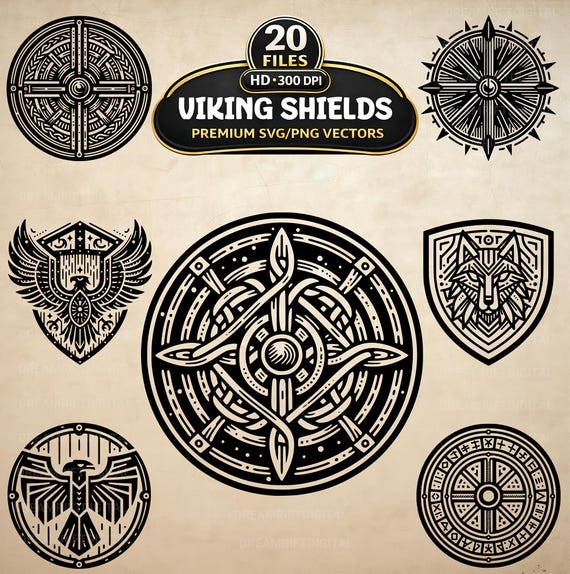 Viking Shields SVG PNG Bundle, 20 Norse Symbols, Warrior Emblems (Digital Download)