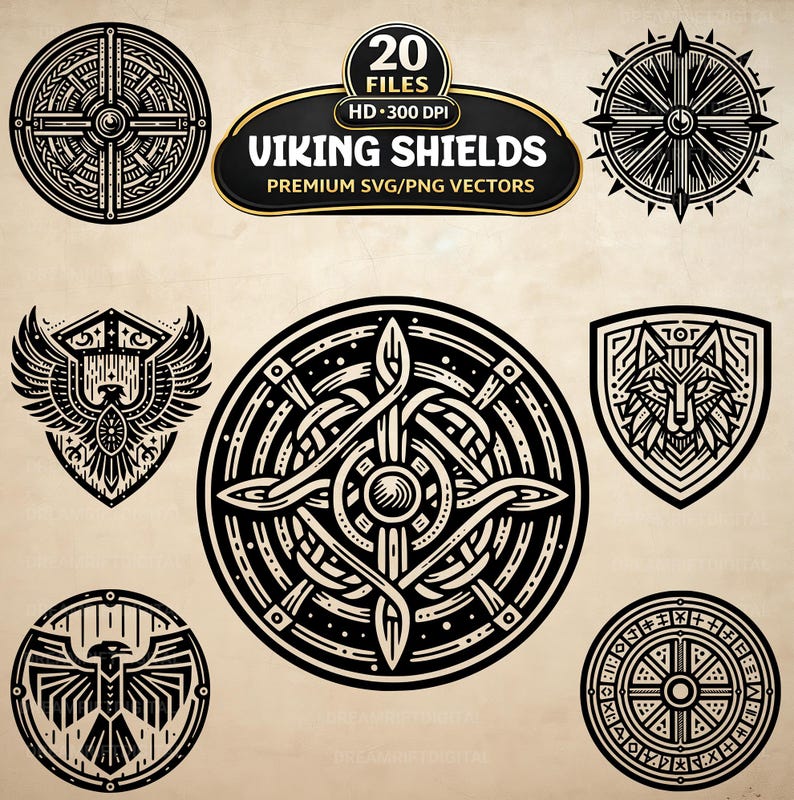 A bold collection of Viking shield designs featuring intricate Celtic knots, Norse symbols, warrior emblems, ravens, wolves, and geometric circular patterns in black ink style. The bundle has a strong Nordic, medieval aesthetic with detailed linework ideal for crafting projects. Perfect for Cricut cutting, sublimation printing, POD products, and apparel designs, delivered as high-quality SVG + PNG files.
