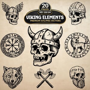 May include: A collection of black and white vector illustrations featuring Viking elements, including skulls with winged and horned helmets, a wolf, a compass symbol, and crossed axes, with text reading 20 FILES HD 300 DPI VIKING ELEMENTS.