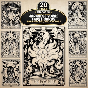 May include: A collection of 20 Japanese Yokai tarot cards featuring black and white illustrations of figures like The Rain Spirit, The Snow Woman, The Masked Apparition, The Wall Crawler, The Cat Shadow, and The Fox Fire with ornate borders.