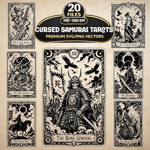 Könnte beinhalten: Eine digitale Sammlung von 20 Cursed Samurai Tarots in SVG- und PNG-Formaten. Das Grafikset enthält schwarz-weiße Illustrationen von Samurai, Skeletten und Schwertern in Tarotkartenrahmen mit Texten wie The Bone General und The Crimson Ronin.
