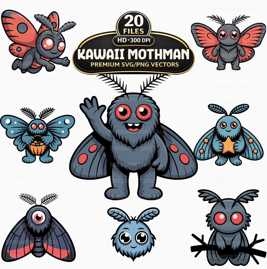 Kawaii Mothman SVG PNG Bundle, 20 Cute Cryptid Clipart, Chibi Cartoon ...