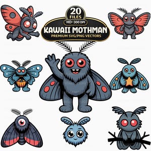 Kawaii Mothman SVG PNG Bundle, 20 süße Cryptid Clipart, Chibi Cartoon Vektoren (Digitaler Download)