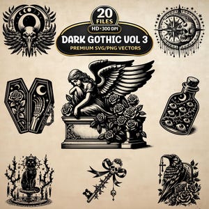 May include: A collection of 20 black and white digital graphic illustrations titled Dark Gothic Vol 3. The set features detailed imagery including a winged angel on a tomb, a skull, a coffin with a skeleton hand, a cat, a key, and a raven.