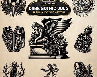 Op de afbeelding: Een verzameling van 20 zwart-wit digitale grafische illustraties getiteld Dark Gothic Vol 3. De set bevat gedetailleerde afbeeldingen waaronder een gevleugelde engel op een graf, een schedel, een doodskist met een skeletthand, een kat, een sleutel en een raaf.