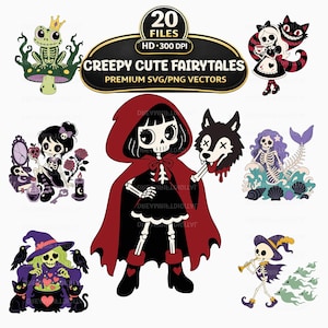 May include: A digital collection of 20 Creepy Cute Fairytales SVG/PNG vector illustrations featuring skeletal characters including a frog on a mushroom, a girl with a wolf mask, a mermaid, a witch, and a piper, all in a dark, graphic art style.