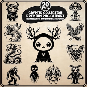Puede incluir: Colección de imágenes prediseñadas con temática de críptidos en blanco y negro con 20 PNG. La imagen presenta varias ilustraciones de criaturas míticas, incluyendo un unicornio, un dragón, un bigfoot y una criatura parecida a un murciélago. El texto dice "CRYPTID COLLECTION PREMIUM PNG CLIPART".