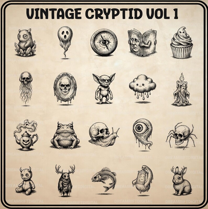 Vintage Cryptid SVG PNG Bundle, 20 Gothic Monster Clipart, Spooky ...