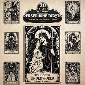 May include: A collection of black and white Persephone Tarot cards. The central card features a couple with the text "Bride of the Underworld." Other cards include "The Bargain of Seasons," "Hades, Lord of Shadows," and "Persephone."