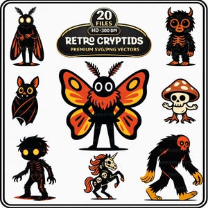 Op de afbeelding: Een verzameling retro cryptide illustraties in zwart, oranje en geel. De ontwerpen omvatten een mot, vleermuis, Bigfoot, eenhoorn en andere spookachtige wezens. De tekst "RETRO CRYPTIDS" wordt weergegeven in een zwarte en gouden banner.