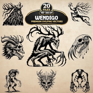 Op de afbeelding: Een verzameling zwart-wit illustraties met de Wendigo, een mythisch wezen. De ontwerpen omvatten verschillende afbeeldingen van de Wendigo, waaronder schedels, figuren met geweien en een huilend wolfachtig wezen. De tekst "WENDIGO" wordt weergegeven.
