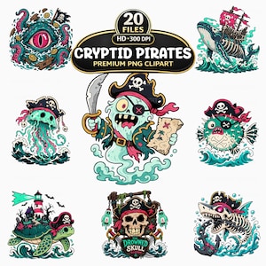 Cryptid Pirates PNG-bundel, 20 gotische skeletten en monster-clipart, nautische kunst (digitale download)