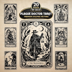 May include: A collection of black and white digital illustrations featuring plague doctor tarot cards. The central card is titled The Wanderer, surrounded by smaller cards including The Chapel of Crows, The Cemetery Oath, and The Oracle of Ash.