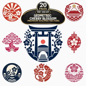 Puede incluir: Una colección de 20 diseños vectoriales geométricos de flores de cerezo en formatos SVG y PNG. Los gráficos presentan motivos circulares en rojo, blanco y azul oscuro que incluyen un torii, un bonsái, un pez koi, una linterna y una montaña.