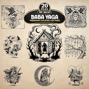 May include: A collection of 20 black and white digital illustrations featuring Baba Yaga, including a hut on chicken legs, a figure with a mortar and pestle, a tree with hanging keys, ravens, and crescent moon motifs, labelled as premium SVG/PNG vectors.
