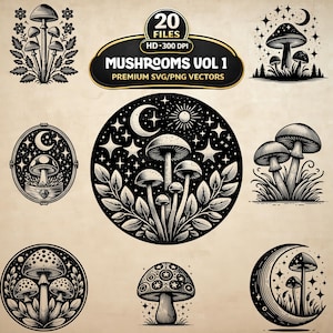 Könnte beinhalten: Eine Sammlung von schwarz-weißen Pilzillustrationen in verschiedenen Designs. Einige zeigen Elemente wie Monde und Sterne. Das Bild enthält ein Banner mit dem Text "MUSHROOMS VOL 1 PREMIUM SVG/PNG VECTORS".