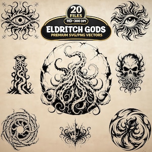 May include: A collection of black and white Eldritch Gods SVG/PNG vector graphics. The designs include stylized eyes, tentacles, a skull, and other abstract, dark art elements. The image also includes the text "ELDTRICH GODS" and "20 FILES HD 300 DPI".