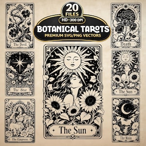 May include: A collection of 20 black and white tarot card illustrations featuring botanical and celestial themes. The cards include The Devil, Death, The Star, The Sun, The Empress, and The Moon, with text labels and intricate floral designs.