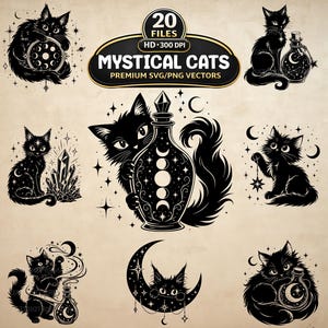 May include: A collection of black cat illustrations with mystical themes. The designs include cats with moons, crystals, and potion bottles. The text "Mystical Cats" is displayed in a banner above the images. The images are in a black and white color scheme.