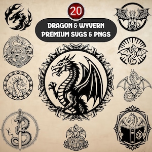 Peut inclure: Une collection de 20 motifs noirs de dragons et de wyvernes. Les motifs incluent des dragons dans diverses poses, certains avec des ailes, des flammes ou dans des cadres circulaires. Le texte indique "DRAGON & WYVERN PREMIUM SUGS & PNGS".