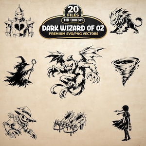 May include: A set of black and white vector illustrations inspired by the Wizard of Oz. The images include the Tin Man, a lion, a witch, a gargoyle, a tornado, a scarecrow, ruby slippers, and Dorothy. The text reads "DARK WIZARD OF OZ PREMIUM SVG/PNG VECTORS".