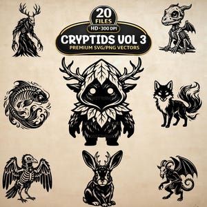 Op de afbeelding: Een verzameling zwart-wit cryptide illustraties, waaronder een skeletdraak, een visskelet, een vos, een raven skelet, een hertachtig wezen, een konijn met geweien en een gehoornde demon. De afbeelding bevat ook de tekst "CRYPTIDS VOL 3".