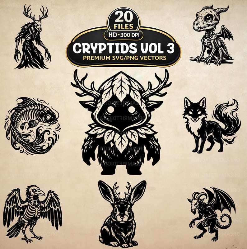 Cryptid Vol3 SVG PNG Bundle, 20 Gothic Creature Clipart, Creepy Vector ...