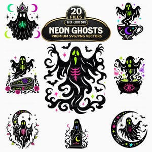 May include: A digital collection of 20 neon ghost vector files featuring black silhouettes with bright green and pink skeletal details. The graphics include ghosts with crowns, coffins, cauldrons, moons, and bats, labeled with the text NEON GHOSTS.