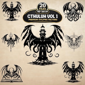 Pakiet Cthulhu SVG PNG, Horror HP Lovecrafta, Grafika wektorowa mitologii gotyckiej, Mroczne fantasy, Do kapsuł, Sublimacja, Pliki Cricut i Cut