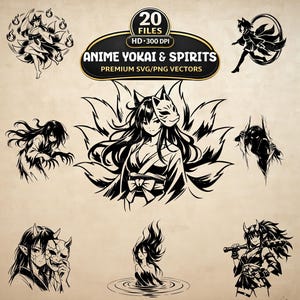 Könnte beinhalten: Eine Sammlung von schwarz-weißen digitalen Illustrationen mit Yokai und Geistern im Anime-Stil. Der zentrale Text lautet 20 FILES HD 300 DPI ANIME YOKAI & SPIRITS PREMIUM SVG/PNG VECTORS. Die Designs zeigen verschiedene mythische Figuren.