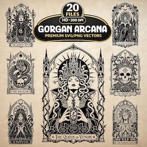 Könnte beinhalten: Eine digitale Sammlung von 20 Gorgan Arcana Premium-SVG- und PNG-Vektordateien mit schwarz-weißen gotischen Illustrationen. Die Designs umfassen The Serpent Witch, The Gorgon Empress, The Basilisk, The Gorgon Skull, The Widow of Stone, The Queen of Venom und The Petrified Saint, alle in kunstvoll detaillierten Torbögen gerahmt.