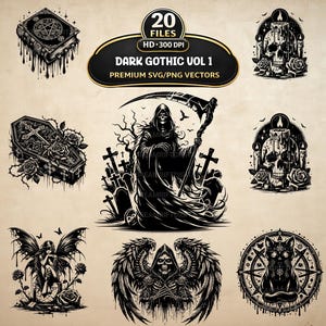 ダークゴシック Vol 1 SVG PNG バンドル、20 種類のオカルトゴシック クリップアート、昇華、POD 回路、スクラップブック
