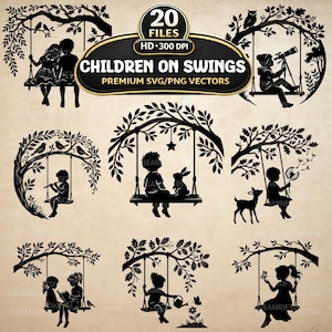 Può includere: Una collezione di 20 grafiche vettoriali a silhouette nera che raffigurano bambini su altalene sotto rami di alberi. Il testo centrale recita 20 FILES HD 300 DPI CHILDREN ON SWINGS PREMIUM SVG/PNG VECTORS. I disegni includono bambini che leggono e giocano.