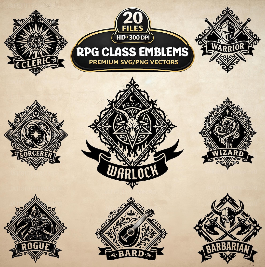 RPG Class Emblems SVG PNG Bundle, 20 Tabletop Gaming Clipart, D20 ...