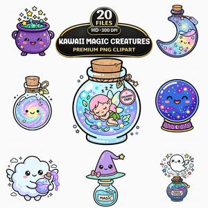 Może przedstawiać: Cyfrowa kolekcja 20 plików clipart PNG Kawaii Magic Creatures zawierająca fioletowy kociołek, butelkę w kształcie półksiężyca, wróżkę w słoiku, kryształową kulę, chmurę z miksturą, butelkę z kapeluszem czarownicy oraz ducha z butelką magicznej mikstury.