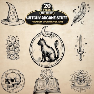 May include: A set of black and white witchy-themed SVG and PNG vector graphics. The designs include a witch's hat, a crescent moon, stars, a feather, a crystal cluster, a cat in a circle, a sword, a skull, an open book, and an eye inside a triangle.