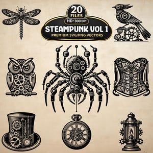 Steampunk SVG PNG Bundle, 20 Vintage Mechanical Clipart, Retro Futuristic Vectors (Digital Download)
